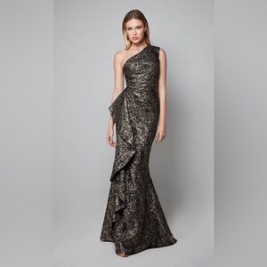 Alyce Paris 27620 metallic jacquard one-shoulder formal dress in gold-black.